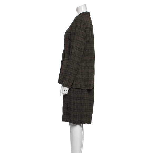 Oscar de la Renta houndstooth plaid olive green blazer skirt suit set - Picture 2 of 13